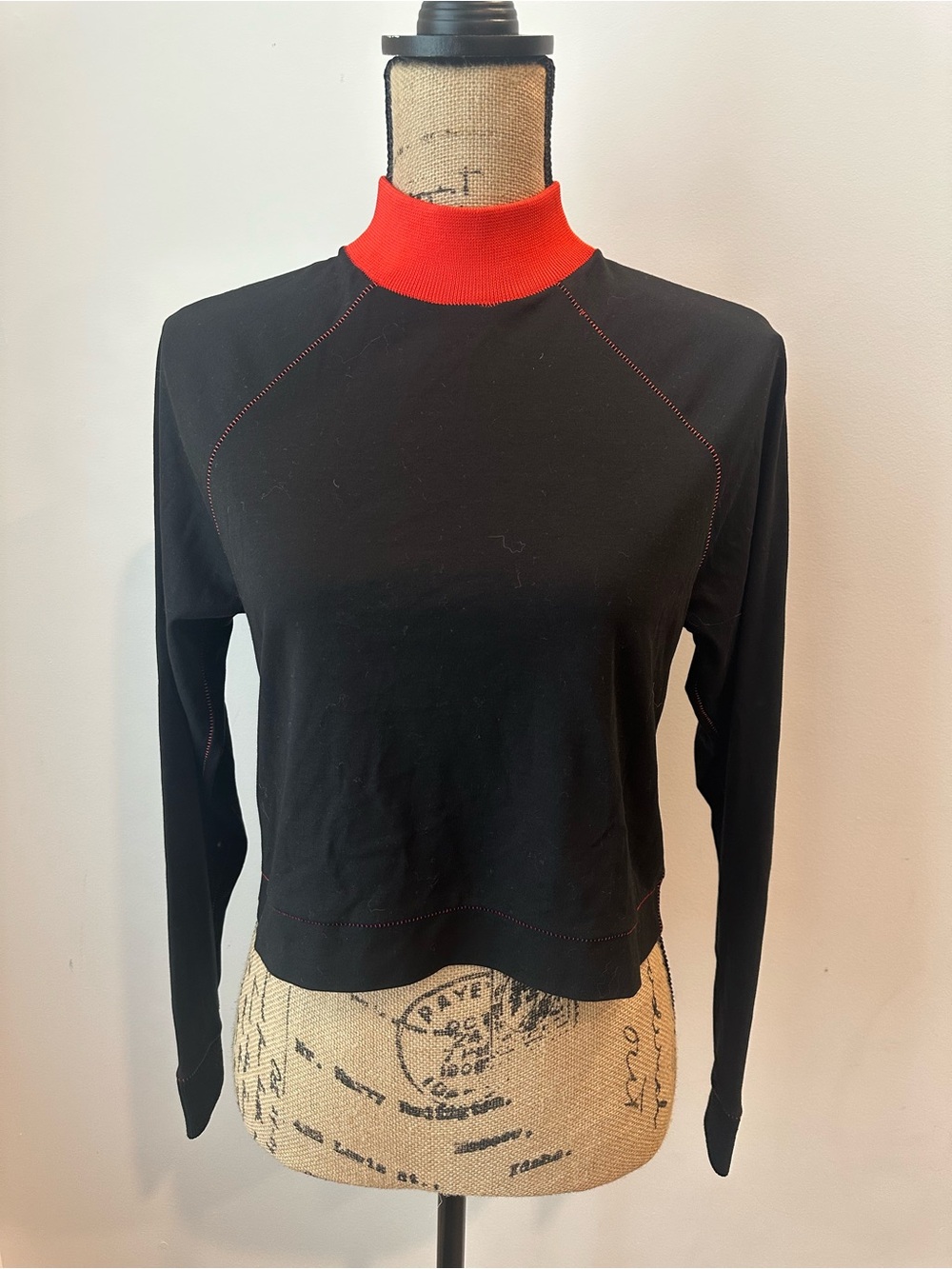 Edun Crop High Neck Black Red Trim , Small Long-Sleeve Top